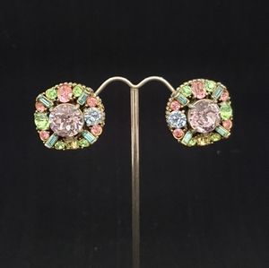 Vintage Hollycraft Multicolor Pastel Rhinestone Clip on Earrings COPR 1955